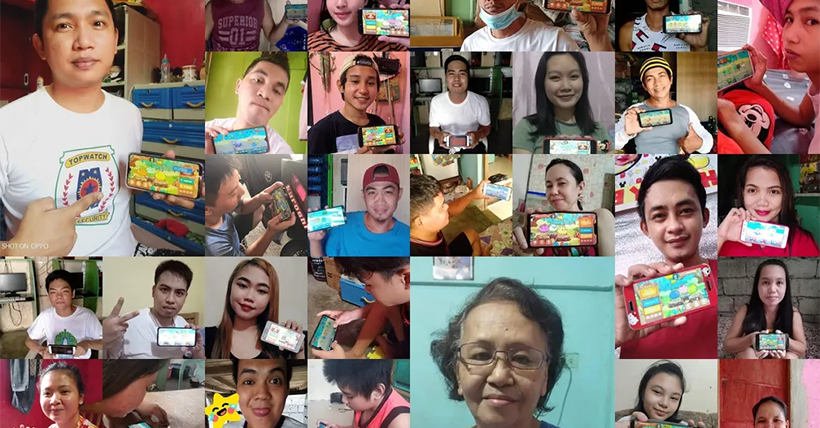 Collage of people from the Philippines playing Axie Infinity on their mobile phones